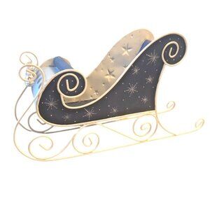Blue Metal Sleigh Sled Hand Painted Signed Snowflakes Christmas Holiday Decor